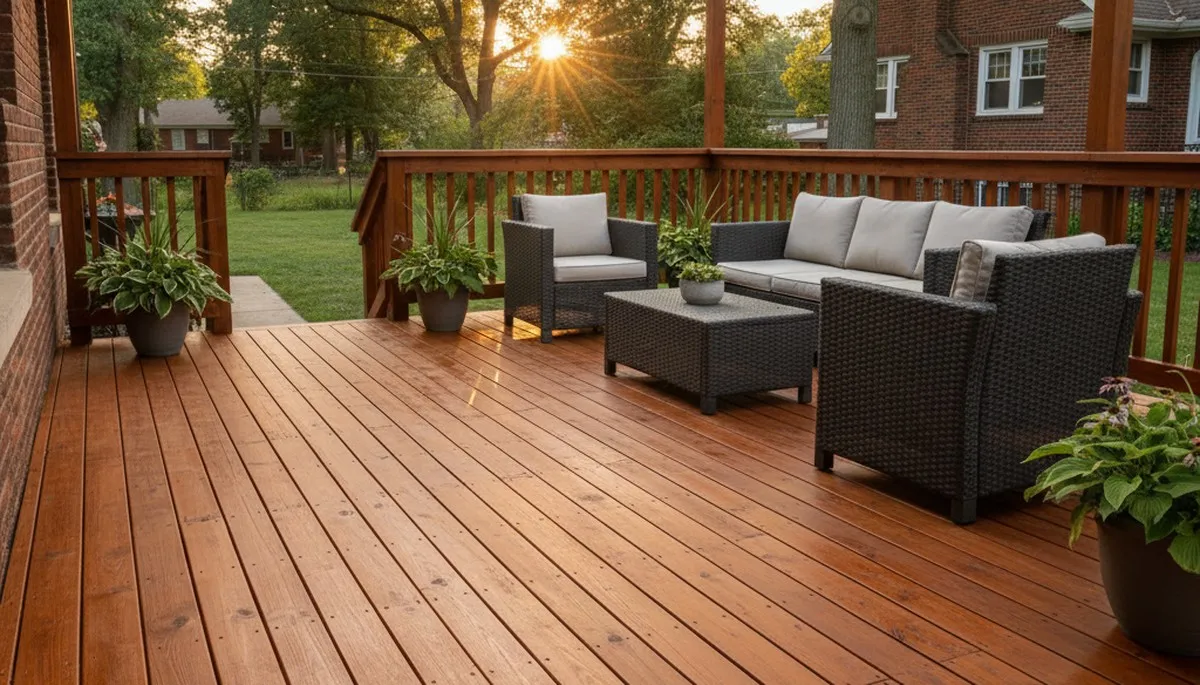 Finished deck staining in Oak Park IL showing restored wood color and weather-protected outdoor deck surface