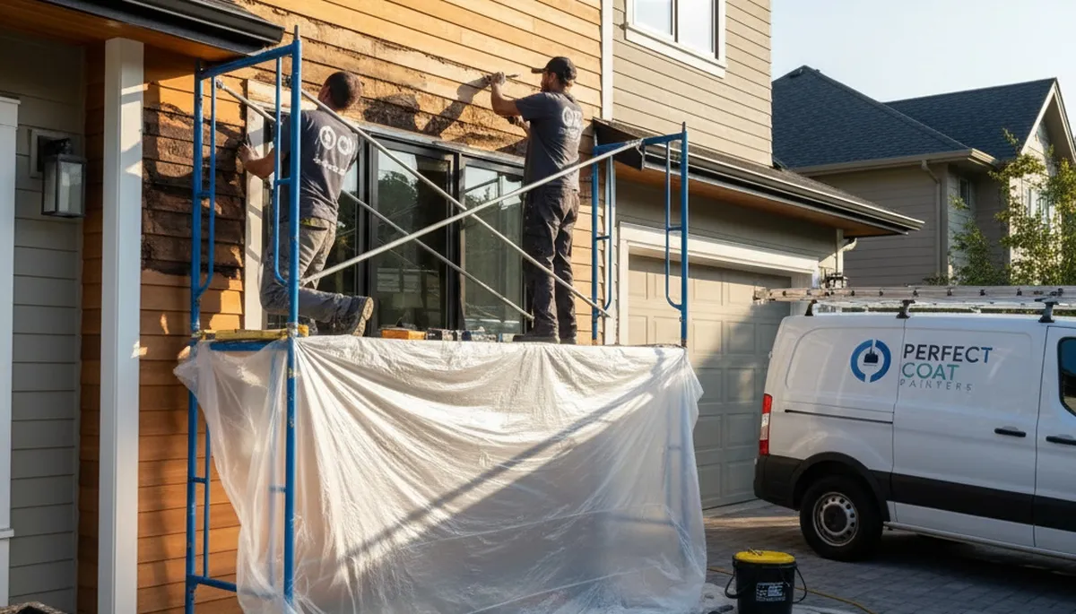 Contractor performing wood rot repair on Oak Park IL home exterior before house painting